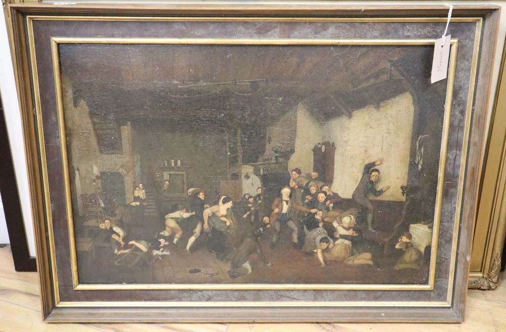 After Sir David Wilkie, oil on board, Blind Mans Buff, 41 x 61cm